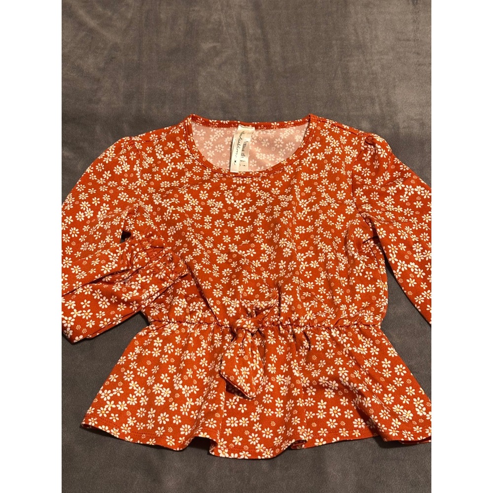 Heart and Arrow Girls Rust Orange Daisy Floral Peplum Tie Front Top Size 6